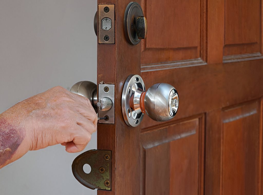 Locksmith making a damaged front door secure during an emergency callout in North London