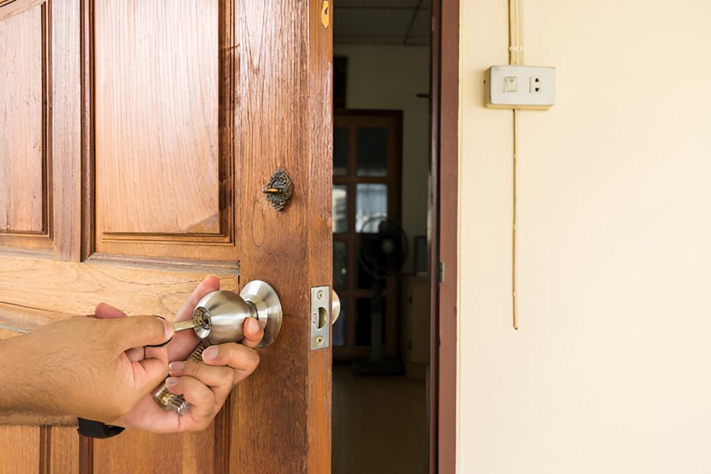Engineer opening a front door for a resident locked out in North London