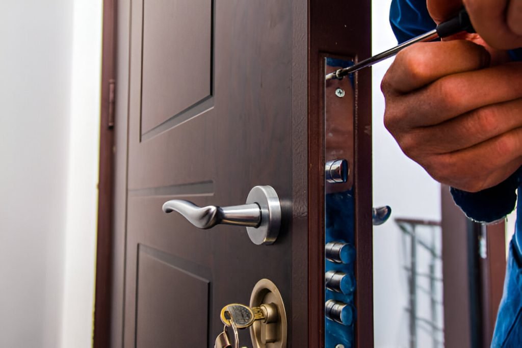 N1 Locksmiths engineer working on a door lock at night in North London