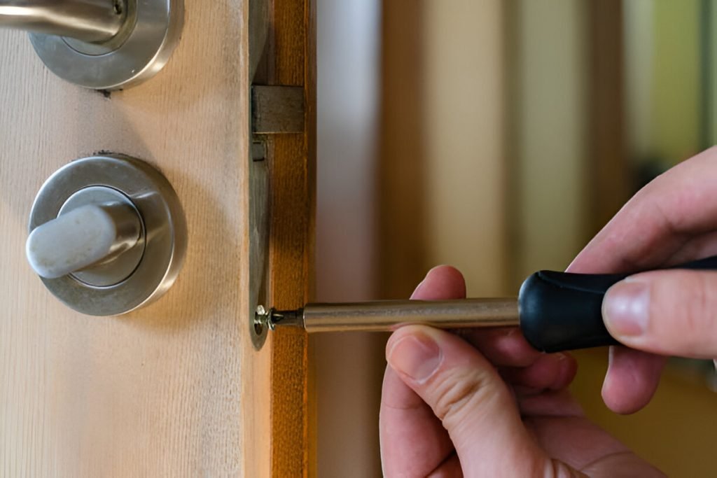N1 Locksmiths engineer on a night callout at a front door in North London