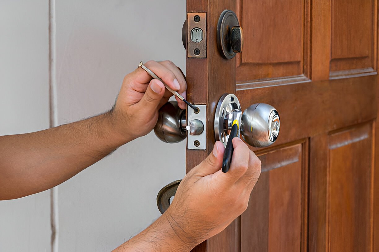 Hinge bolts and a door viewer fitted to a flat entrance door in North London